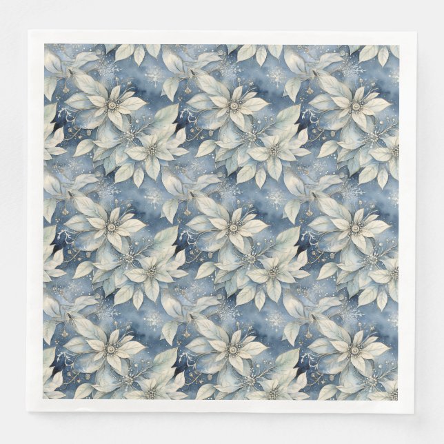 Serviette En Papier Blue Poinsettia Elegance Silver et Blue Winter (Devant)