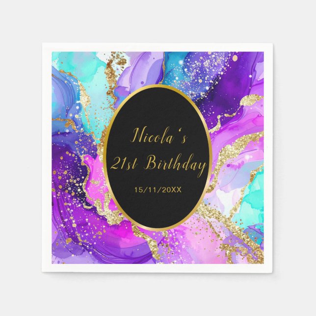 Serviette En Papier Blue, Purple and Gold Ink Birthday Party (Devant)