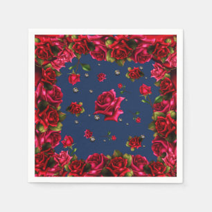 Serviette En Papier Blue Red Roses & Diamond Bling Élégant Parti
