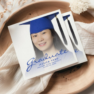 Serviette En Papier Blue Script Photo Graduation Party