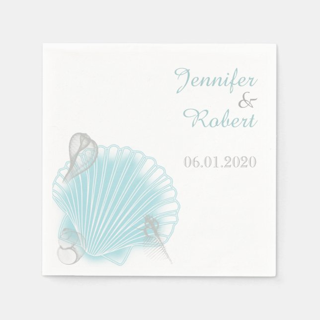 Serviette En Papier Blue Seashell Beach Wedding Napkin (Devant)
