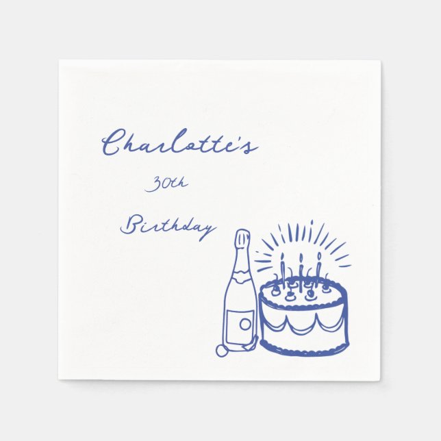 Serviette En Papier BLUE simple Hand Drawn 30th Birthday  (Devant)
