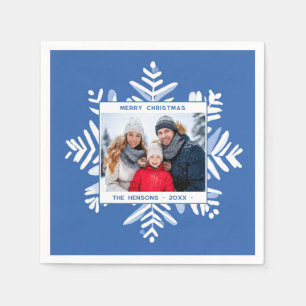 Serviette En Papier Blue Snowflake Joyeux Noël Famille Photo Vacances