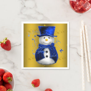 Serviette En Papier Blue Snowman sur Gold Christmas