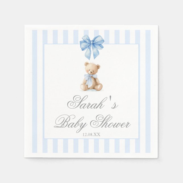 Serviette En Papier Blue Stripes Bear Baby Shower (Devant)