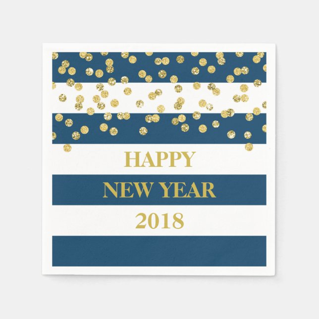 Serviette En Papier Blue Stripes Gold Confetti Joyeux Nouvel An Napkin (Devant)