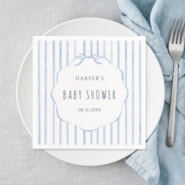 Serviette En Papier Blue Stripes with Scalloped Frame Boy Baby Shower (Créateur téléchargé)