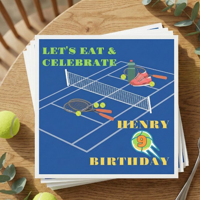 Serviette En Papier Blue Stylish Tennis Racket Court Jeu Anniversaire (Créateur téléchargé)