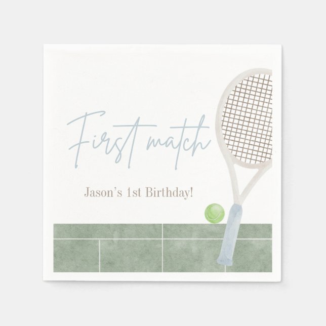 Serviette En Papier Blue Tennis First Birthday Boy Preppy Classic  (Devant)