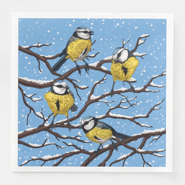 Serviette En Papier Blue tit birds en hiver (Devant)