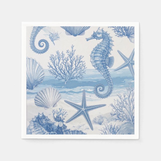 Serviette En Papier Blue Turquoise Seahorse Shell Starfish Ocean Motif (Devant)