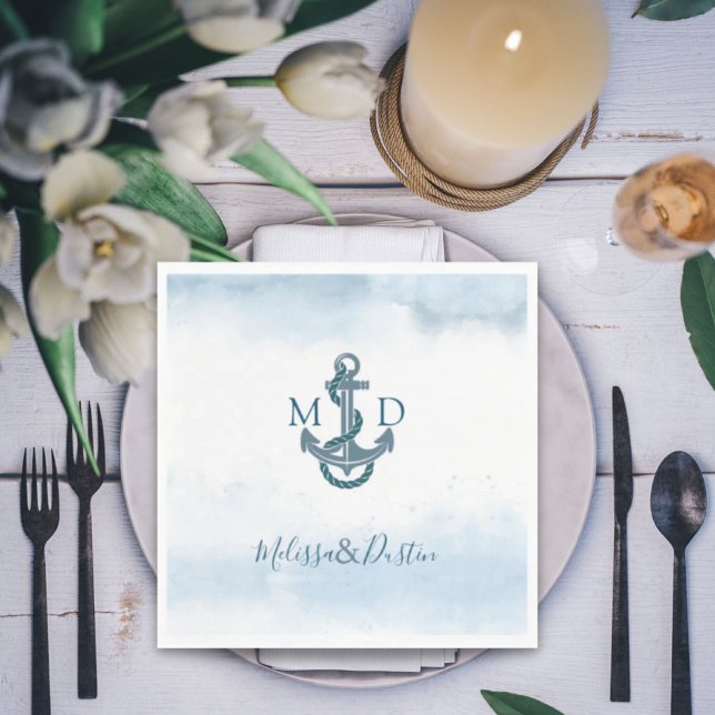 Serviette En Papier Blue Watercolor Beach Ancre Mariage nautique (Blue Watercolor Beach Anchor Nautical Wedding Napkins)