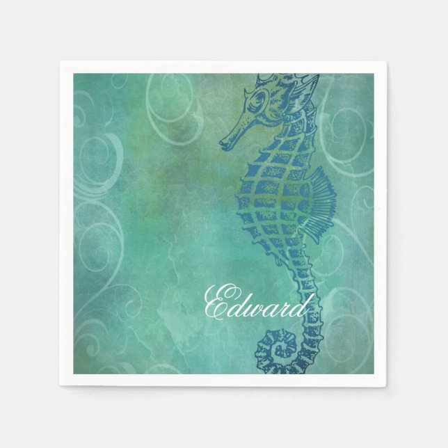 Serviette En Papier Blue Waters, Seahorse et Flourish (Devant)