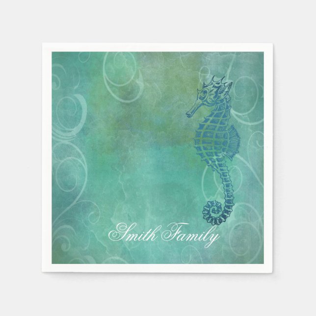 Serviette En Papier Blue Waters, Seahorse et Flourish (Devant)