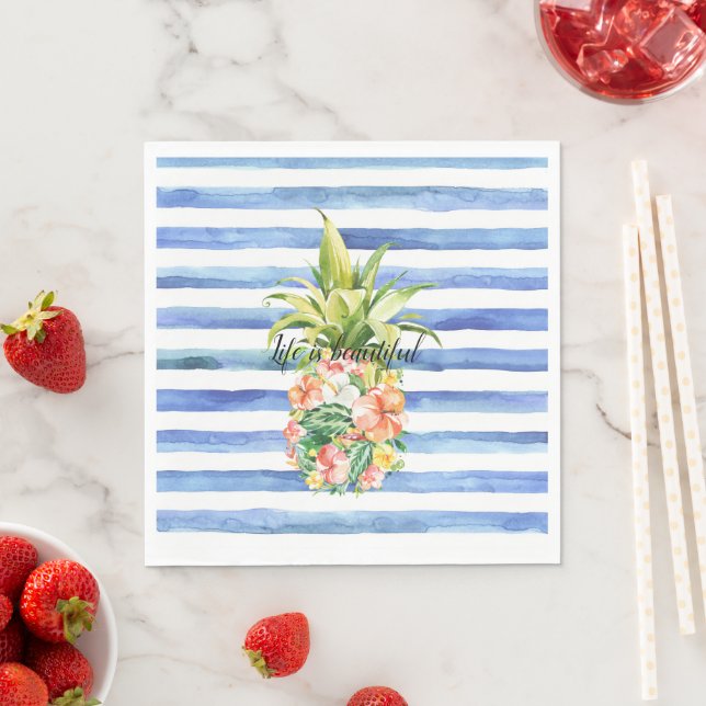 Serviette En Papier Blue White Stripes Tropical Floral Pineapple (En situation)