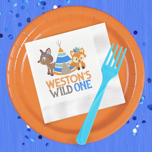 Serviette En Papier Blue Wild One Fox and Deer 1er anniversaire (Personalized Wild One Fox & Deer 1st Birthday Party Napkins in Royal Blue, Baby Blue and Orange)