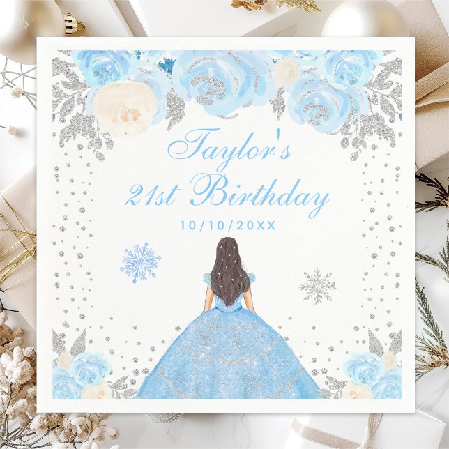 Serviette En Papier Blue Winter Brunette Hair Princesse Anniversaire (Créateur téléchargé)