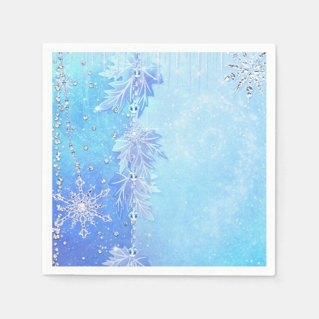 Serviette En Papier Blue Winter Feuilles & Snowflakes Élégante fête (Devant)
