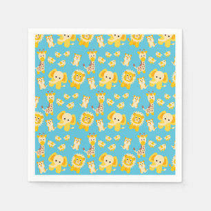 Serviette En Papier Blue Yellow Lions Elephants Safari animaux