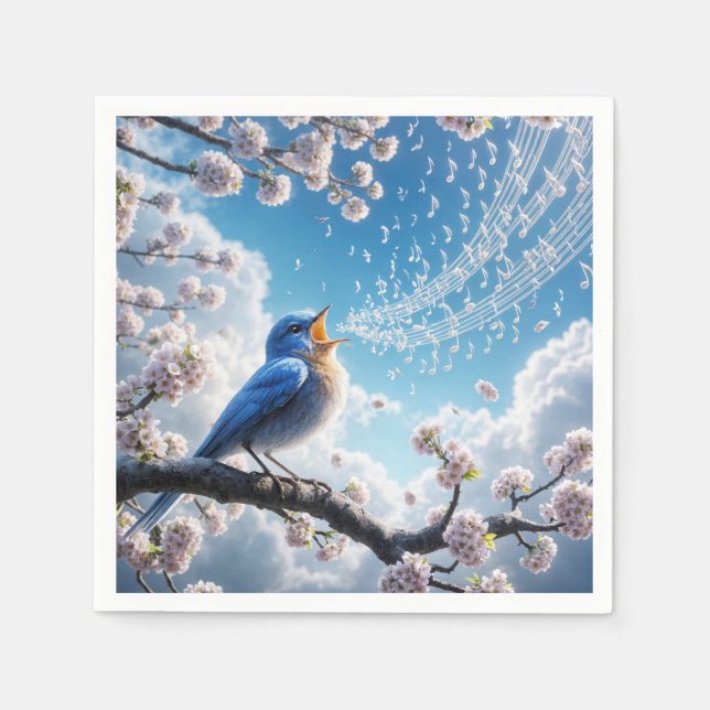 Serviette En Papier Bluebird chante sur une branche de cerisier (Devant)