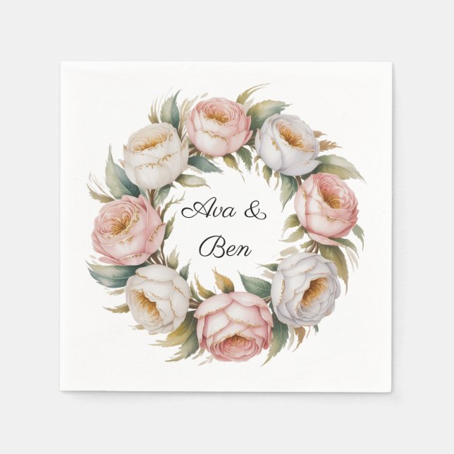 Serviette En Papier Blush and Ivory Rose Floral Wreath Wedding (Devant)