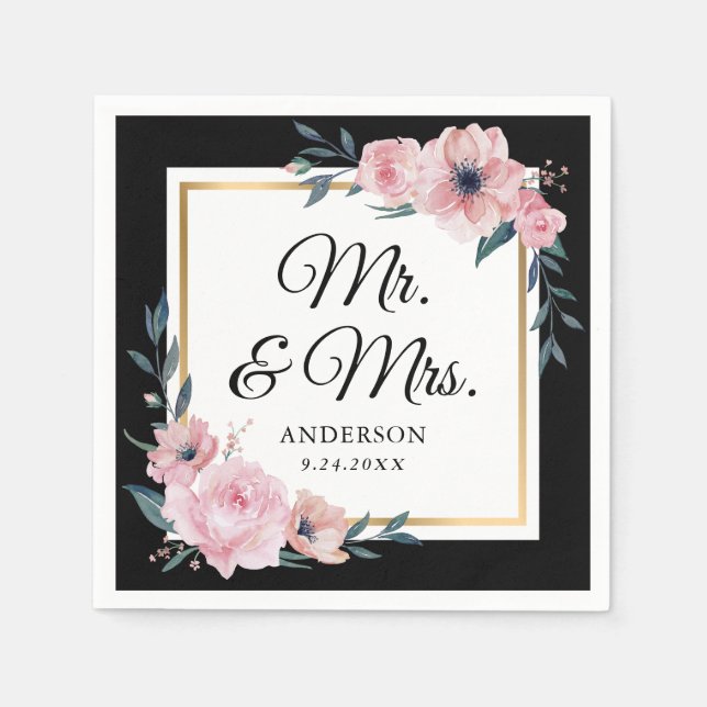 Serviette En Papier Blush Black Gold Floral Mr & Mrs Mariage (Devant)
