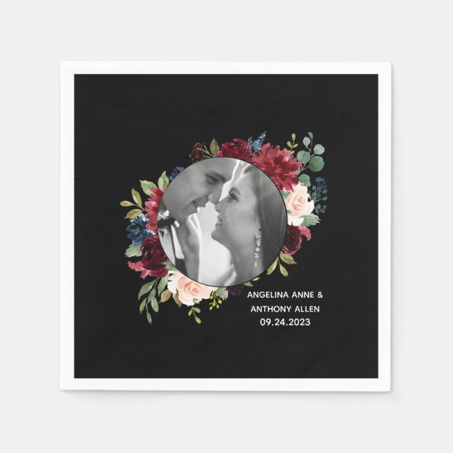 Serviette En Papier Blush Bourgogne Photo Floral Mariage moderne (Devant)