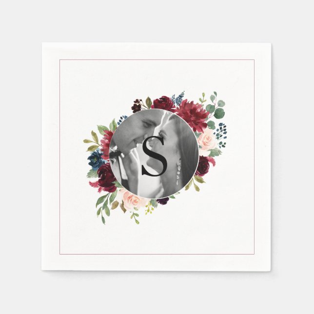 Serviette En Papier Blush Bourgogne Photo Monogramme Floral Mariage Na (Devant)