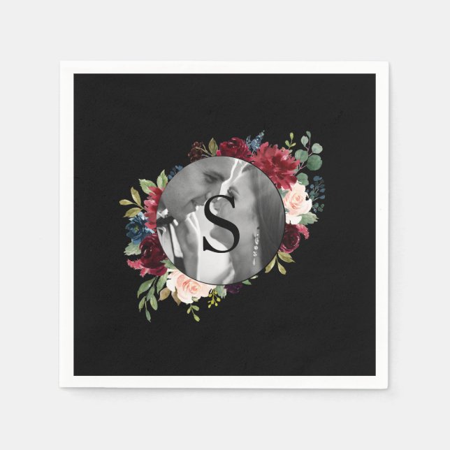 Serviette En Papier Blush Bourgogne Photo Monogramme Mariage Floral (Devant)