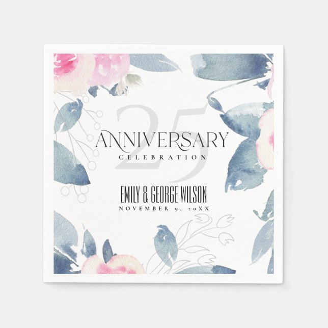 SERVIETTE EN PAPIER BLUSH DOUX BLEU FLORAL 25ÈME ANNIVERSAIRE TOUTE AN (Devant)