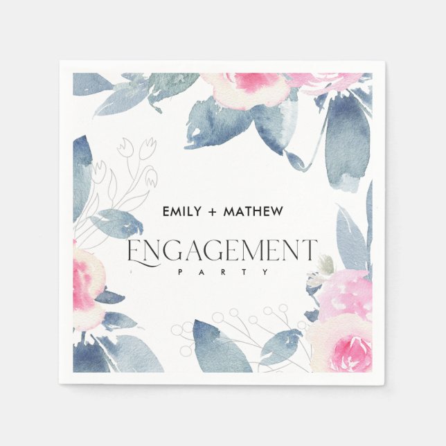 SERVIETTE EN PAPIER BLUSH DOUX BLEU FLORAL AQUARELLE BOUQUET FIANÇAILL (Devant)