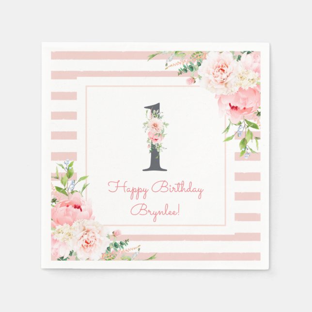 Serviette En Papier Blush Floral Rose Stripe 1er anniversaire fête (Devant)