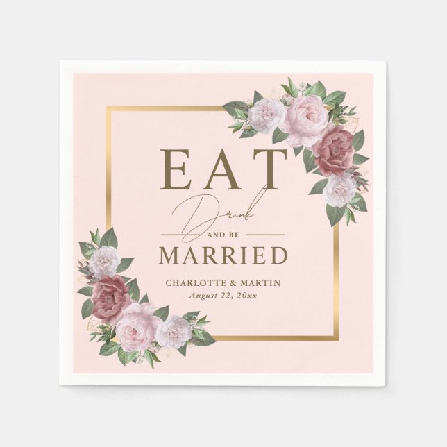 Serviette En Papier Blush Gold Mange Boire et être marié Floral Mariag (Devant)