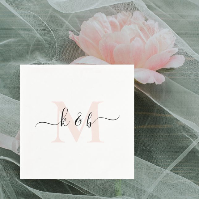 Serviette En Papier Blush Monogram Swash Script Cocktail blanc (Créateur téléchargé)
