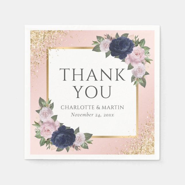 Serviette En Papier Blush Navy Blue Gold Floral Mariage (Devant)