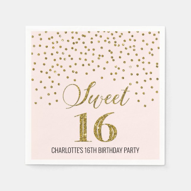 Serviette En Papier Blush Pink Gold Confetti Sweet 16 Anniversaire (Devant)