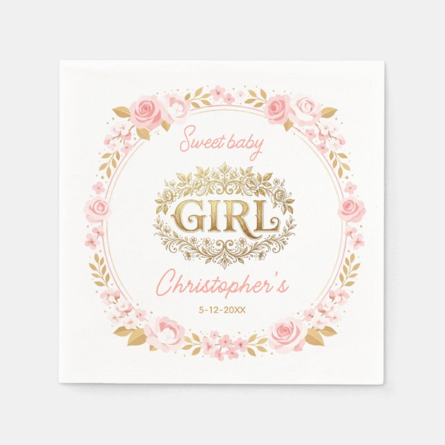 Serviette En Papier Blush Pink & Gold Floral Girl Baby Shower (Devant)