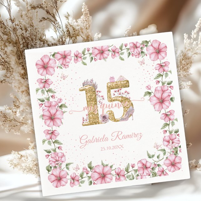 Serviette En Papier Blush Pink Golden Mis Quince Quinceañera  (Créateur téléchargé)