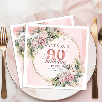 Serviette En Papier Blush Pink Greenery Floral 90th Birthday Party  