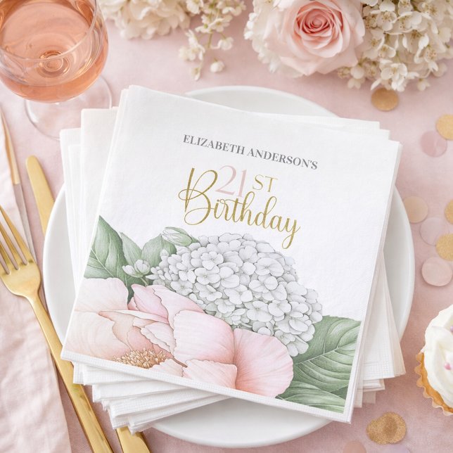 Serviette En Papier Blush Pink Peony Floral 21st Birthday  (Créateur téléchargé)