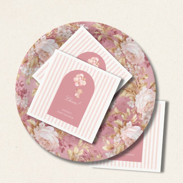 Serviette En Papier Blush pink stripes, teddy bear balloon (Créateur téléchargé)