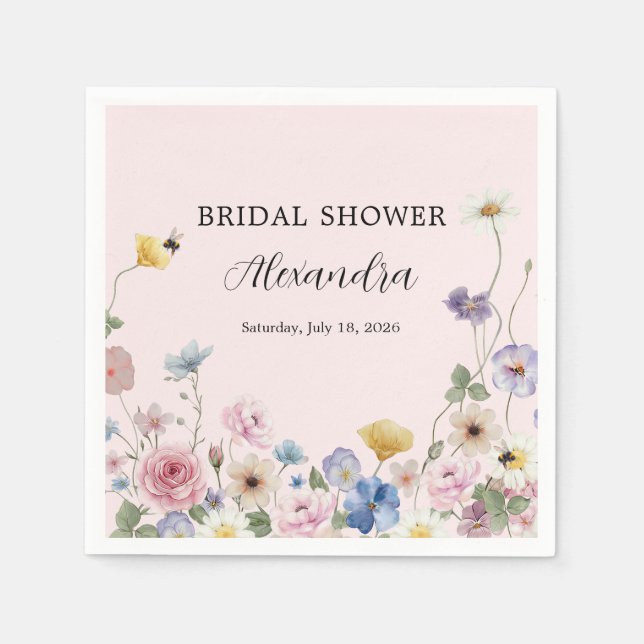 Serviette En Papier Blush Pink Wildflowers Bridal Shower Invitation (Devant)