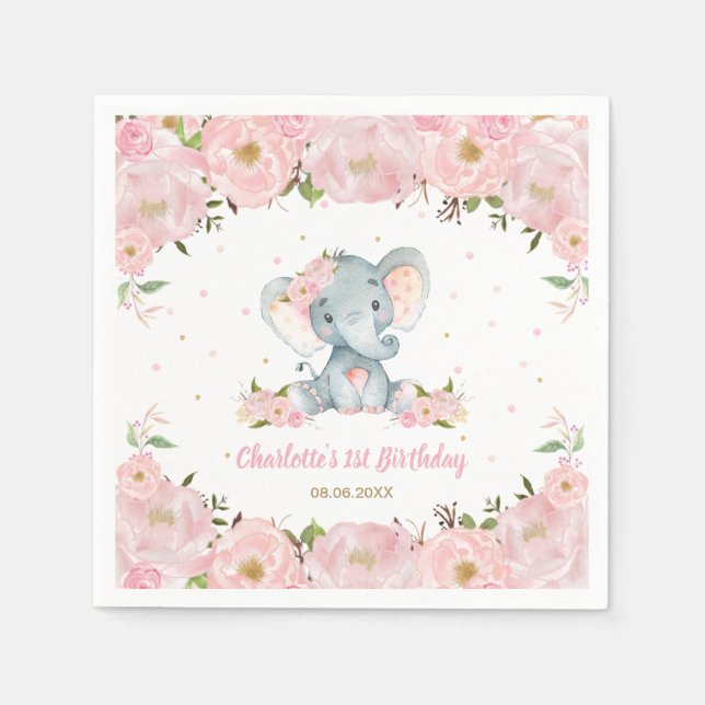 Serviette En Papier Blush rose floral mignon éléphant 1er anniversaire (Devant)