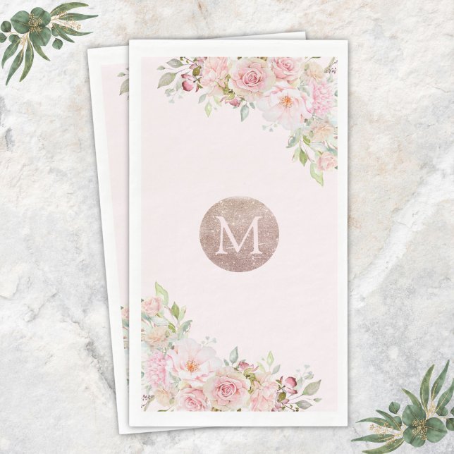 Serviette En Papier Blush Rose Gold Floral Monogrammé  (Créateur téléchargé)