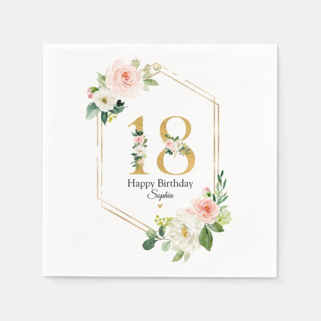 Serviette En Papier Blush rose & or Floral 18e anniversaire Personnali (Devant)