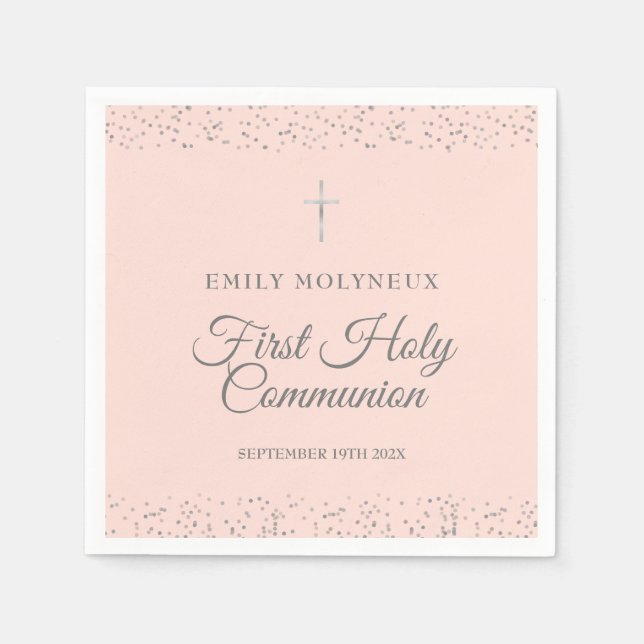 Serviette En Papier Blush rose Première communion pailleté d'argent (Devant)
