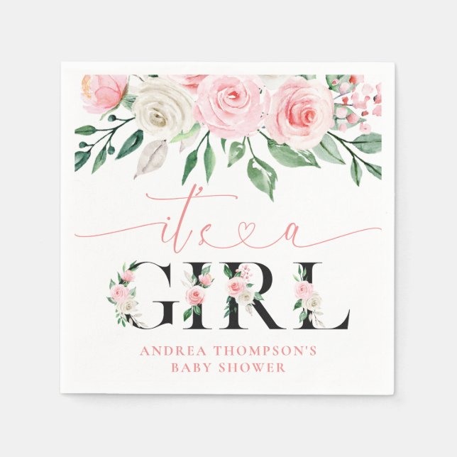 Serviette En Papier Blush rose Rose Floral C'est un Baby shower fille (Devant)