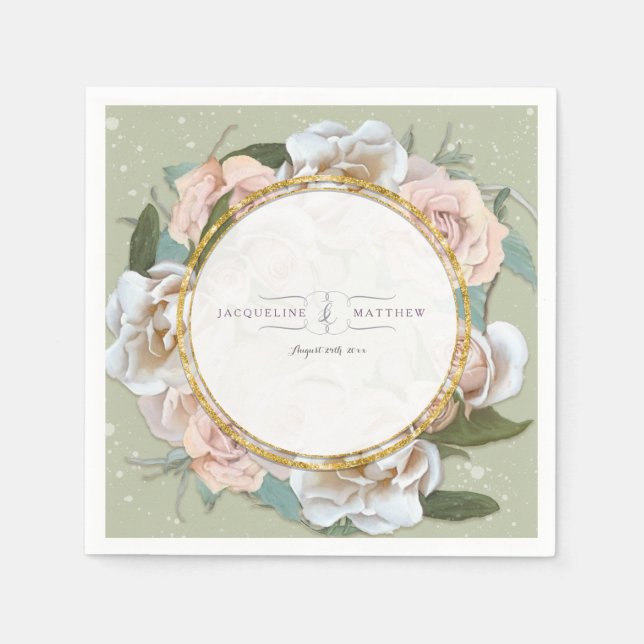 Serviette En Papier Blush Rose Wild Rose Floral Art Wreath Faux Gold (Devant)