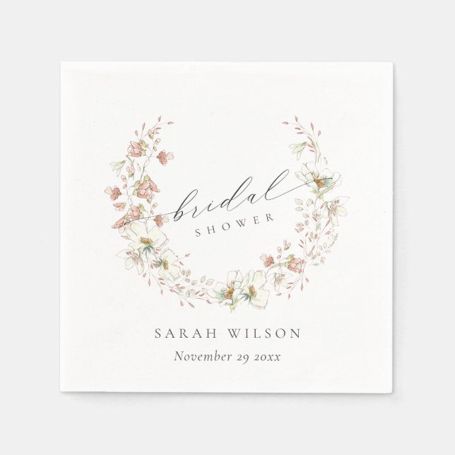 Serviette En Papier Blush White Meadow Floral Wreath Fête des mariées (Devant)