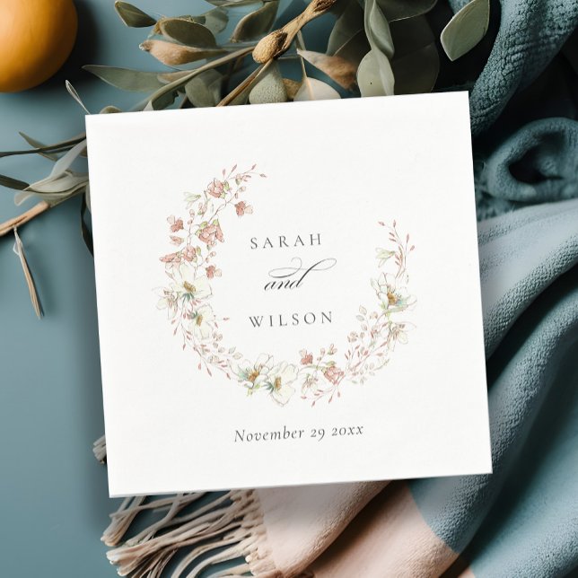 Serviette En Papier Blush White Rustic Meadow Floral Wreath Mariage (Créateur téléchargé)